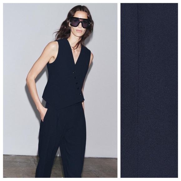 Zara Jackets & Blazers - NWT. Zara ZW Collection Dark Blue Asymmetrical Vest with a V-Neck. Size M.